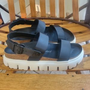 Papillio Birkenstock Cameron black strap white platform chunky sole sandals 40